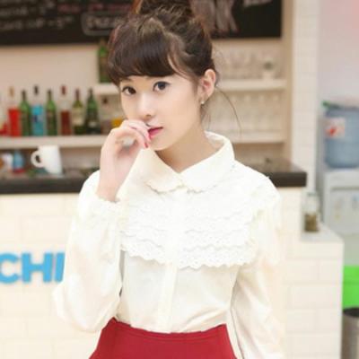 E7806秋新款女装甜美娃娃领层层花边长袖百搭白衬衫 0829