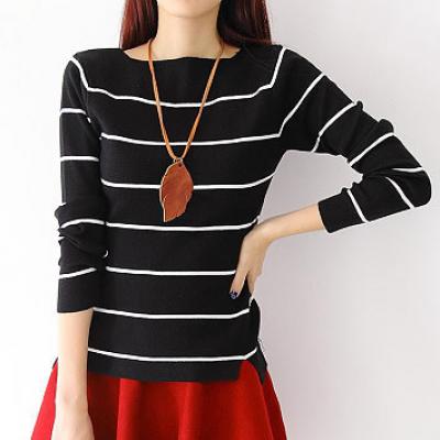 秋装新款韩范气质条纹针织衫毛衣修身套头衫 一字领条纹打底衫