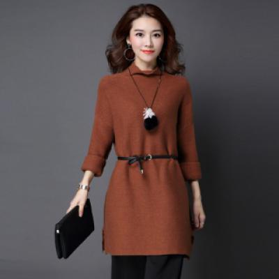 秋季长袖套头中长款宽松纯色高领针织衫/毛衣