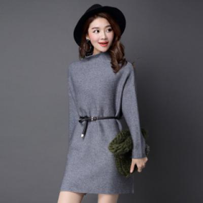 秋季长袖套头中长款宽松纯色高领针织衫/毛衣