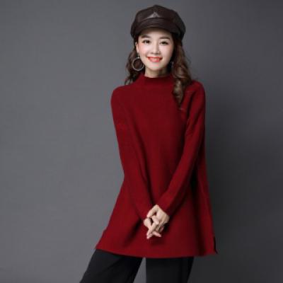 秋季长袖套头中长款宽松纯色高领针织衫/毛衣