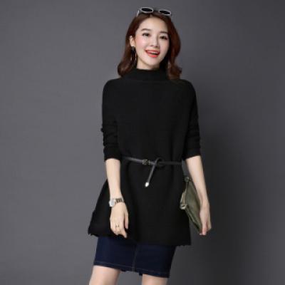 秋季长袖套头中长款宽松纯色高领针织衫/毛衣