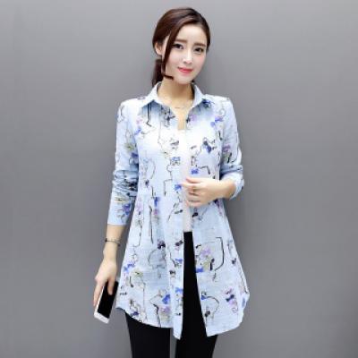 秋季新款韩范宽松大码上衣修身印花中长款长袖纯棉衬衫女衬衣