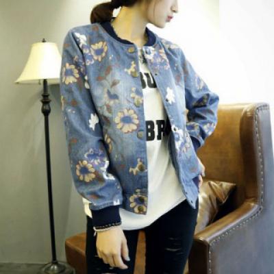 秋季欧美印花牛仔外套棒球服花朵印花女夹克休闲短外套长袖