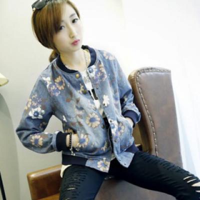 秋季欧美印花牛仔外套棒球服花朵印花女夹克休闲短外套长袖