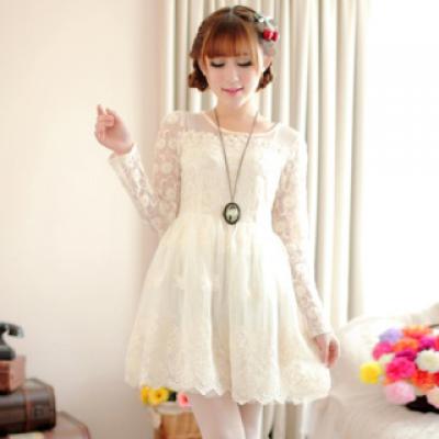 春装新款日系宫廷甜美蕾丝镂空钉珠长袖连衣裙