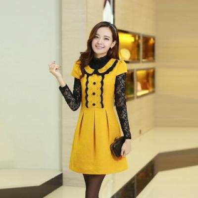 秋冬装外贸韩版女装羊毛呢打底裙新款连衣裙短袖