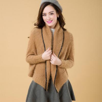 秋冬新款韩国复古休闲简约韩版镶边马海毛针织开衫