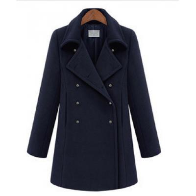 冬季女装新款 军装风双排扣中长款毛呢外套呢子大衣