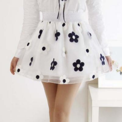 韩版甜美欧根纱绣花半身裙 高腰蓬蓬裙短裙