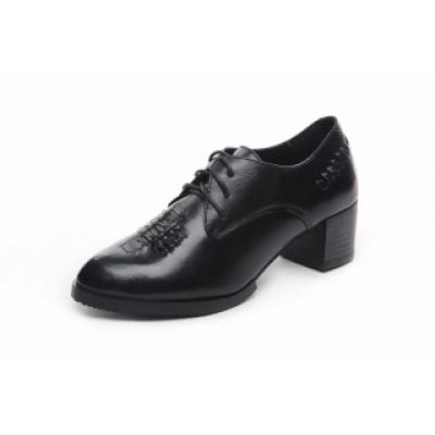 韩版带装饰编织纹尖头中跟深口系带女单鞋真皮低帮复古优雅女鞋