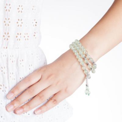 正品 天然水晶 通透葡萄石绿玛瑙925纯银配饰多圈手链 女包邮