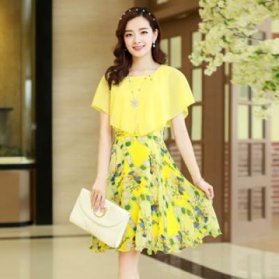 夏装韩版女装 针织短袖雪纺连衣裙