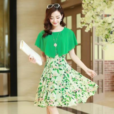 夏装韩版女装 针织短袖雪纺连衣裙