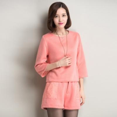 七分袖针织貂绒毛衣蕾丝复合女式时尚休闲套装